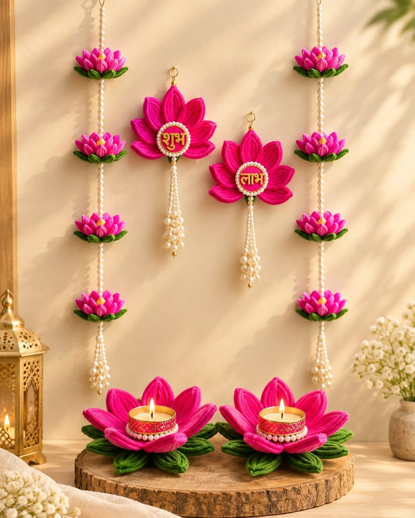 Pink Lotus Handmade Diya & Shubh-Labh Hanging Decor Set πΈβ¨ - Image 1